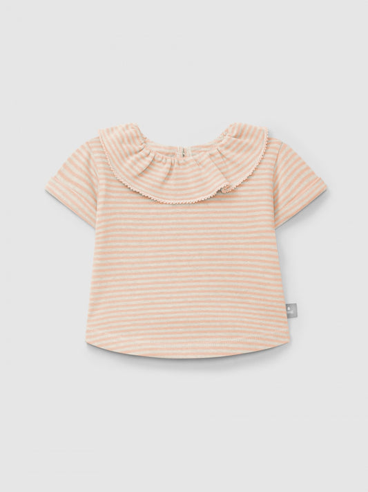 Cotton striped T-shirt with ruffled collar | Peach | Snug