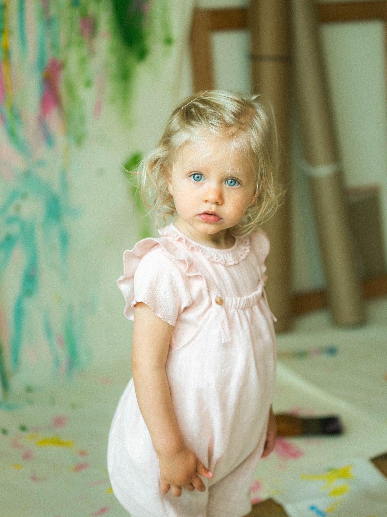 Plain dungarees in linen with cotton and straps with ruffle | Pink | Snug