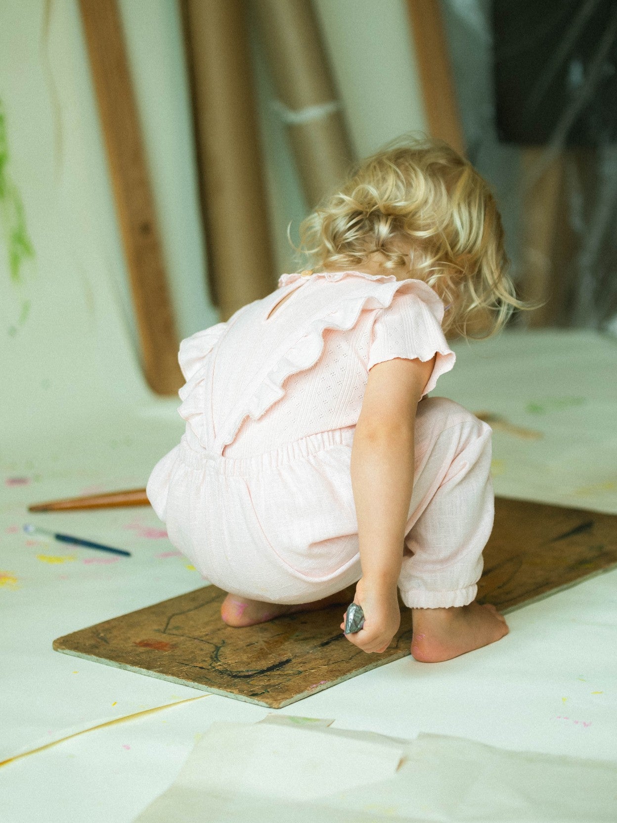 Plain dungarees in linen with cotton and straps with ruffle | Pink | Snug