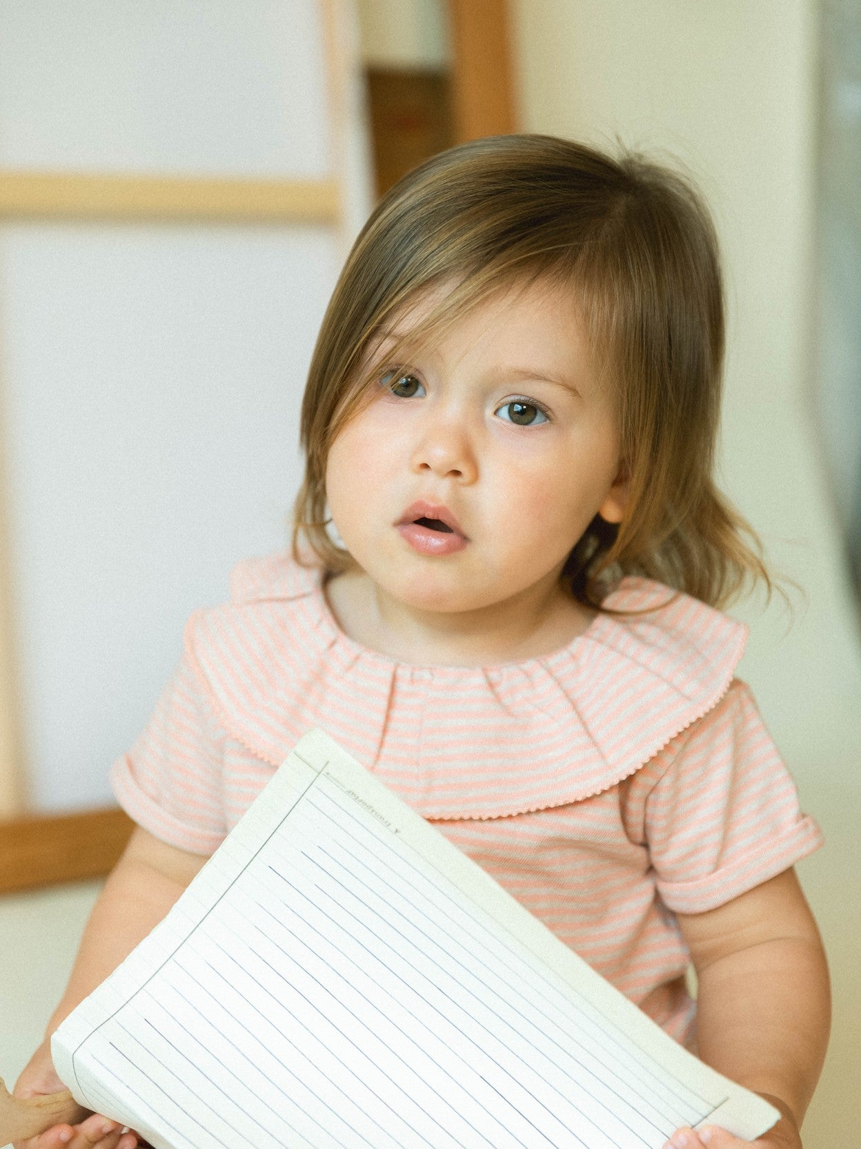 Cotton striped T-shirt with ruffled collar | Peach | Snug