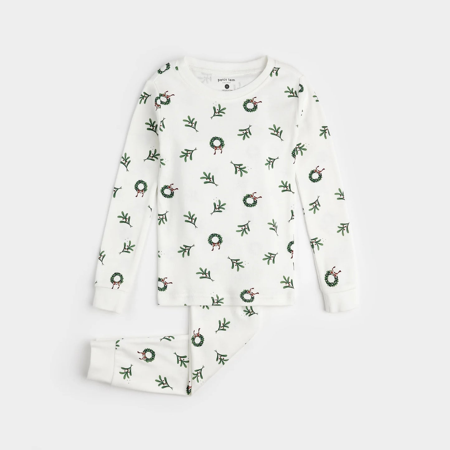 Wreaths Print on Off-White PJ Set | Petit Lem