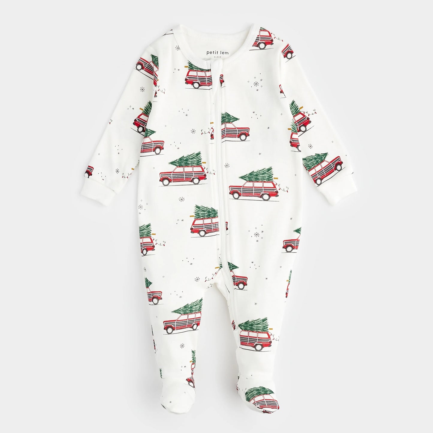 Footed Sleeper | Festive Cars Print on Off-White | Petit Lem