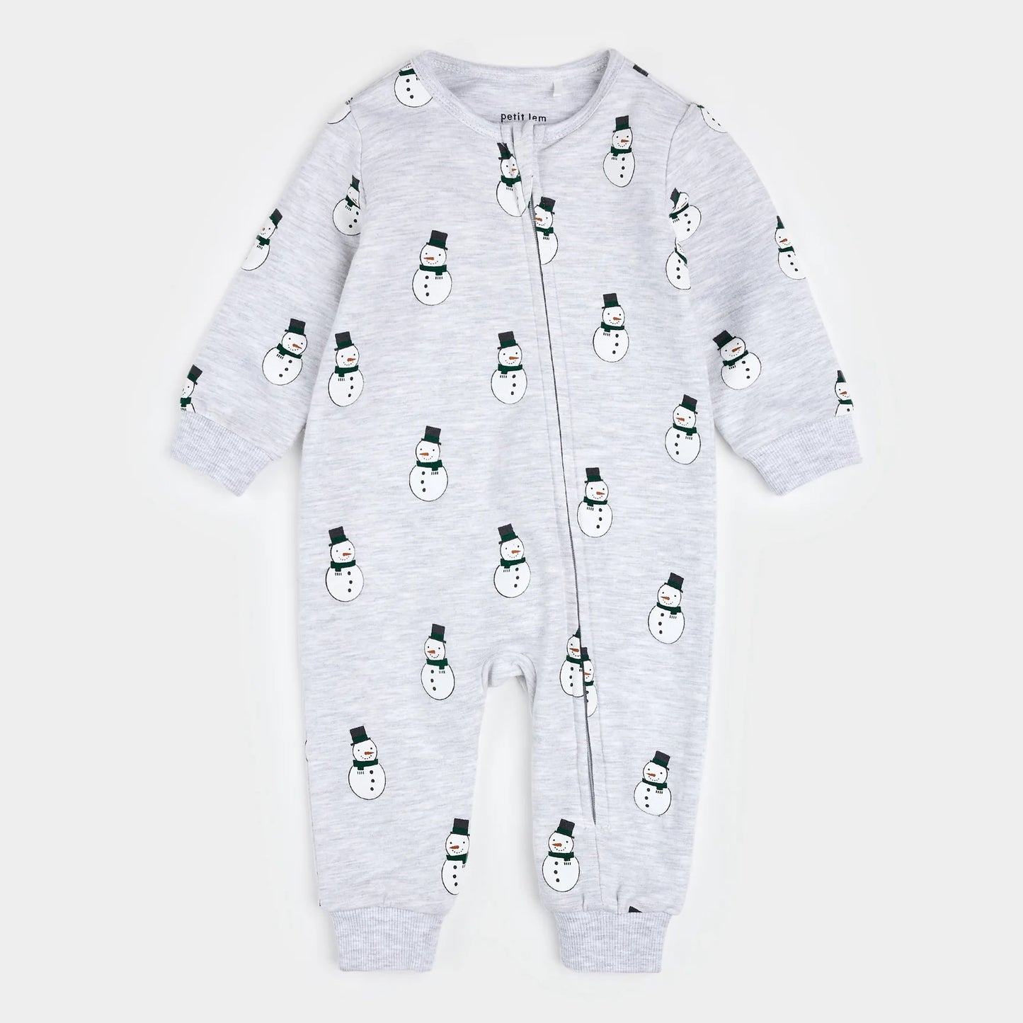 Merry Snowmen Print on Light Grey Fleece Playsuit | Petit Lem