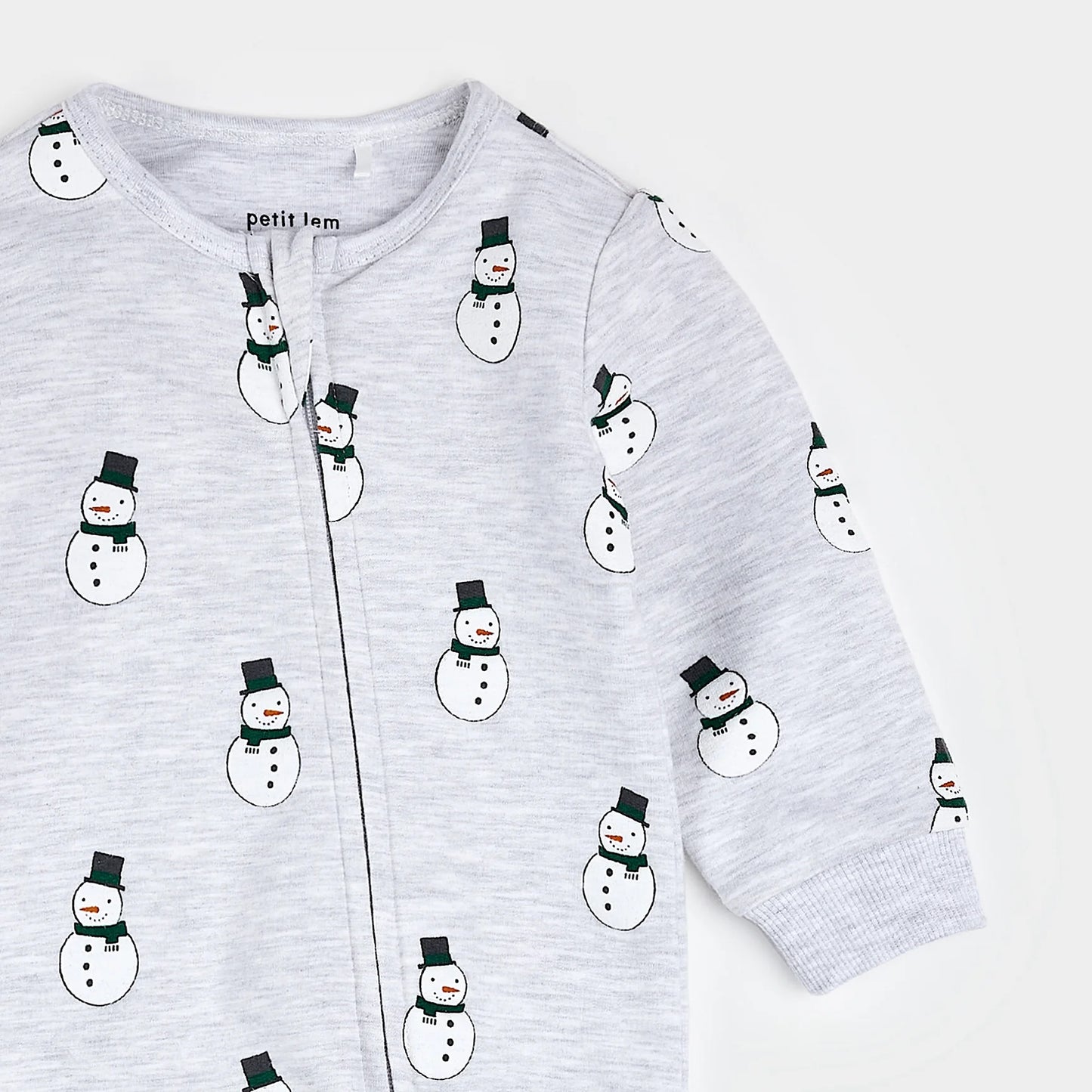 Merry Snowmen Print on Light Grey Fleece Playsuit | Petit Lem