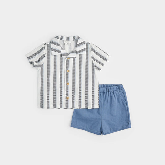 Dress Blue Striped Crosshatch Linen Set | Petit Lem