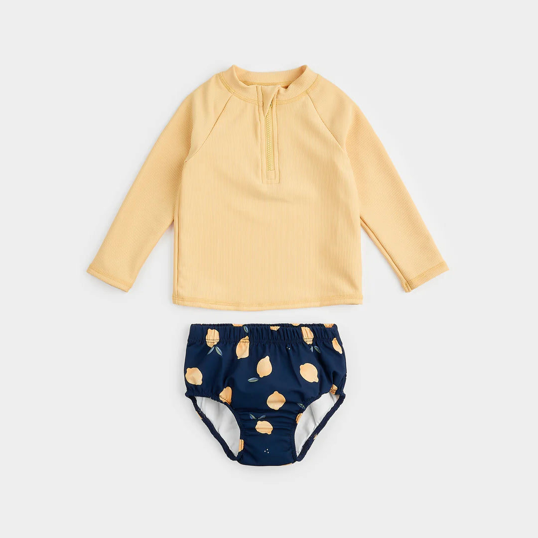 Ribbed Long-Sleeve Canary Rashguard Set With Lemon Print Swim Diaper | Petit Lem