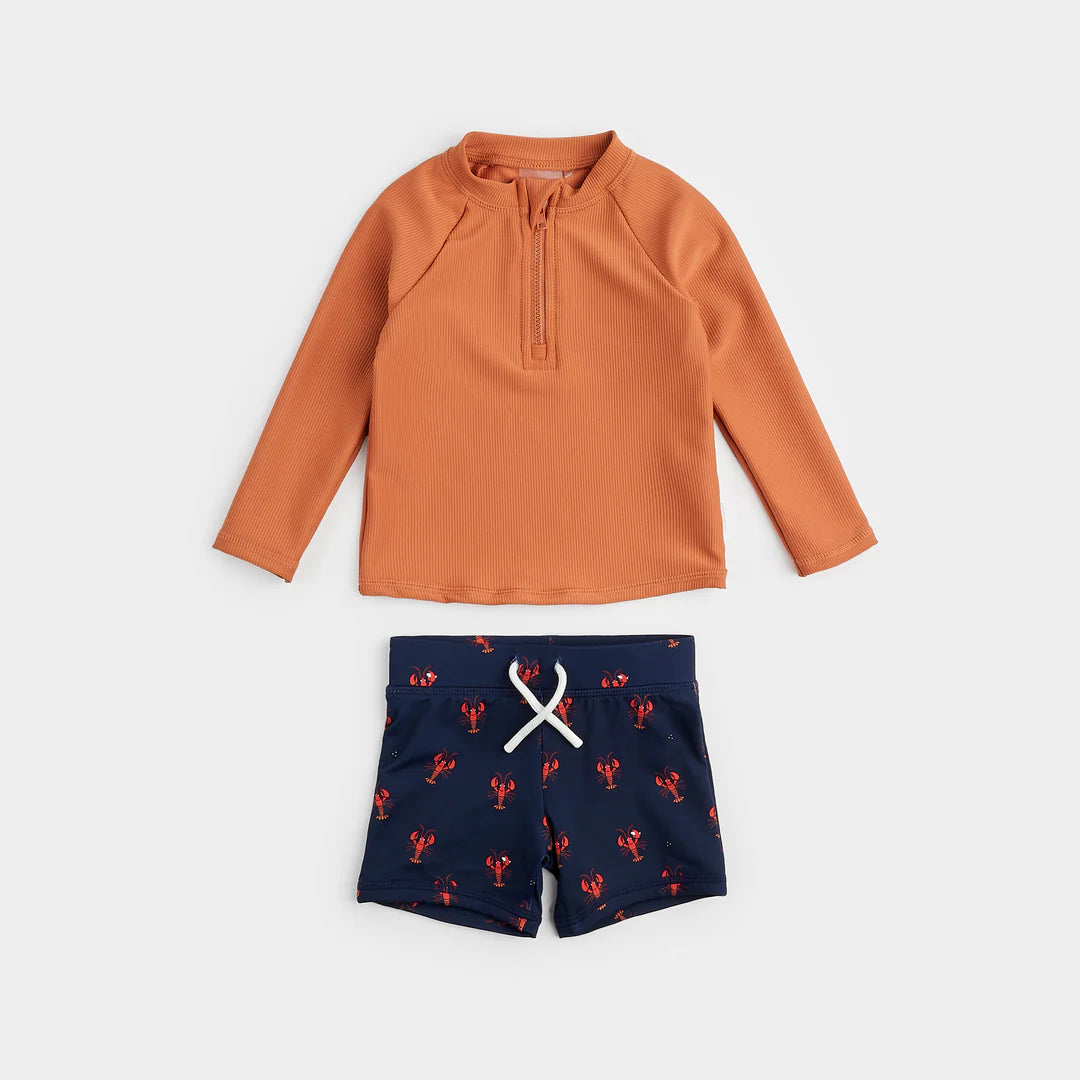 Ribbed Long-Sleeve Apricot & Lobster Print Rashguard Set | Petit Lem