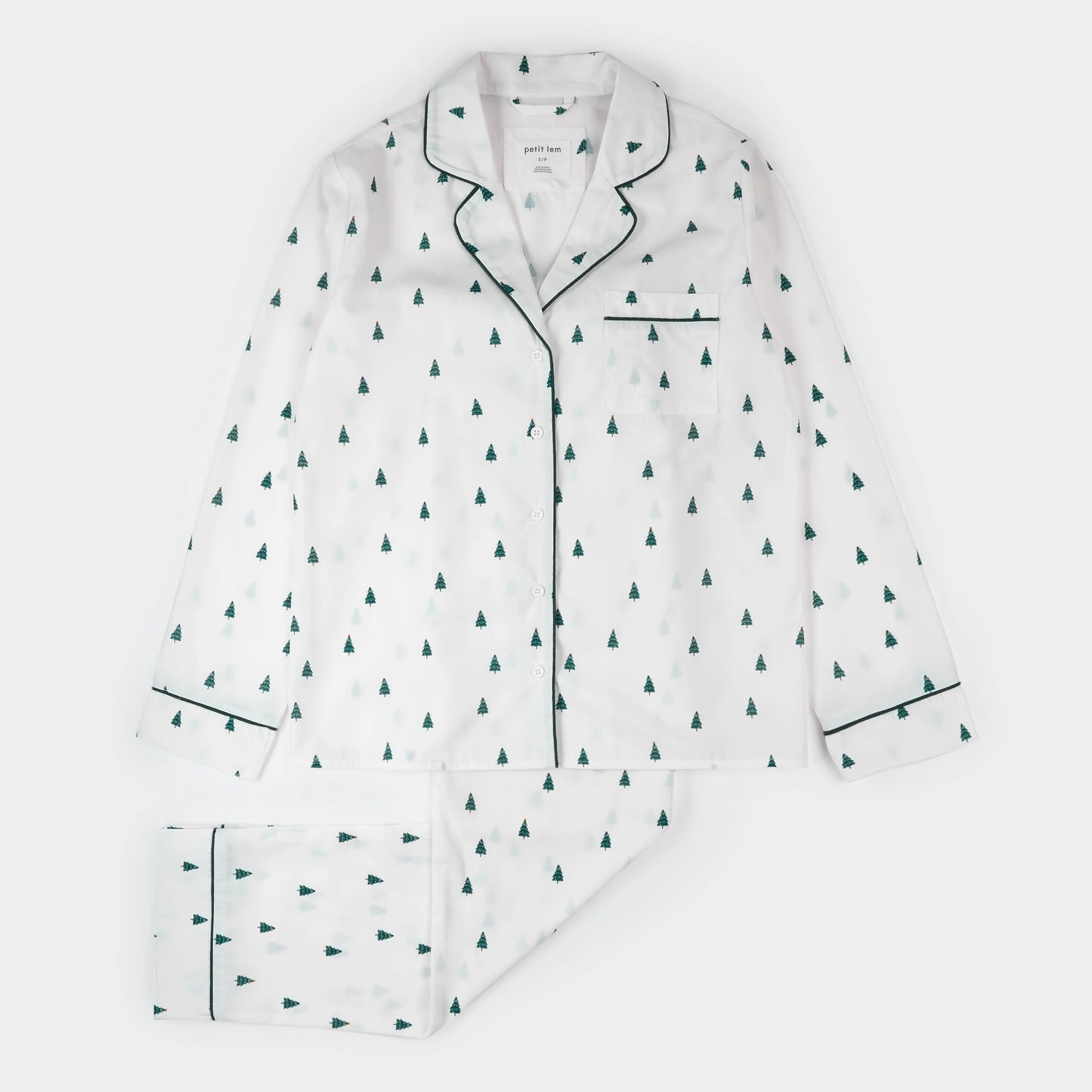 Women 2pc Poplin PJ Set | Pine Tree Print on Off-White | Petit Lem