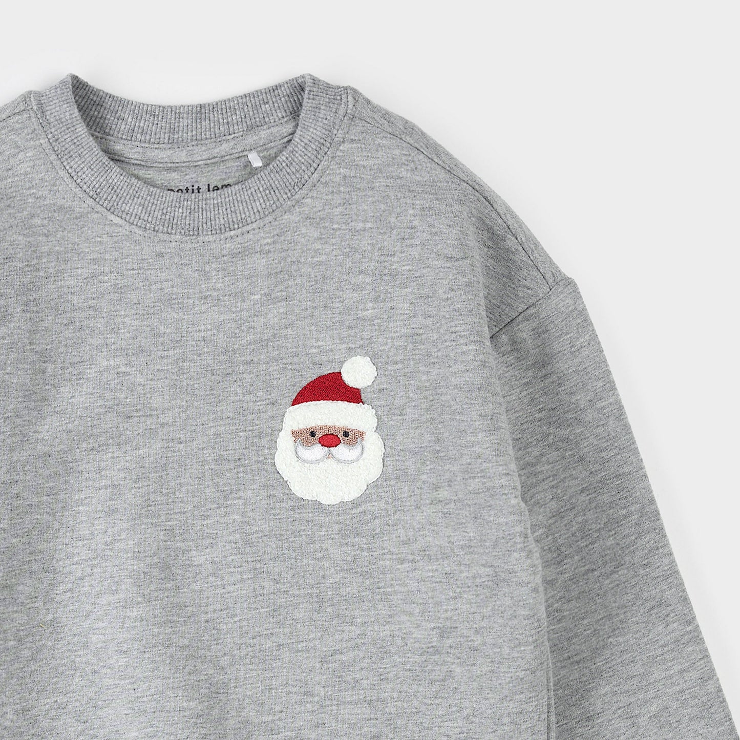 Santa Claus Embroidery Sweatshirt | Heather Grey | Petit Lem