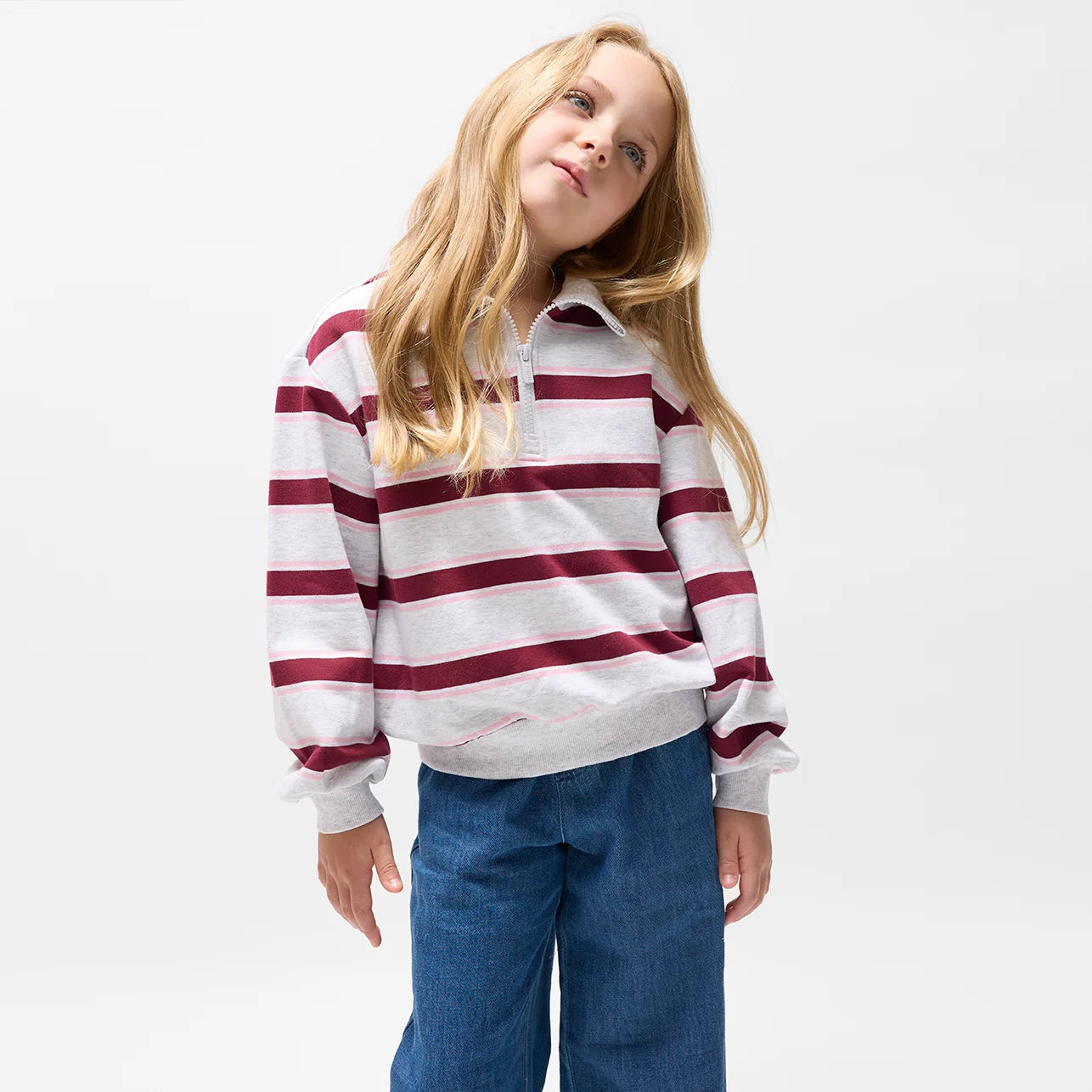 Yarn-Dyed Stripe Collared Quarter Zip Pull-Over | Maroon and Bubblegum | Miles the Label