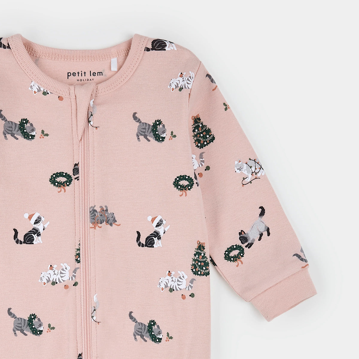 Footed Knit Sleeper | Meowy & Bright on Peony Blush | Petit Lem
