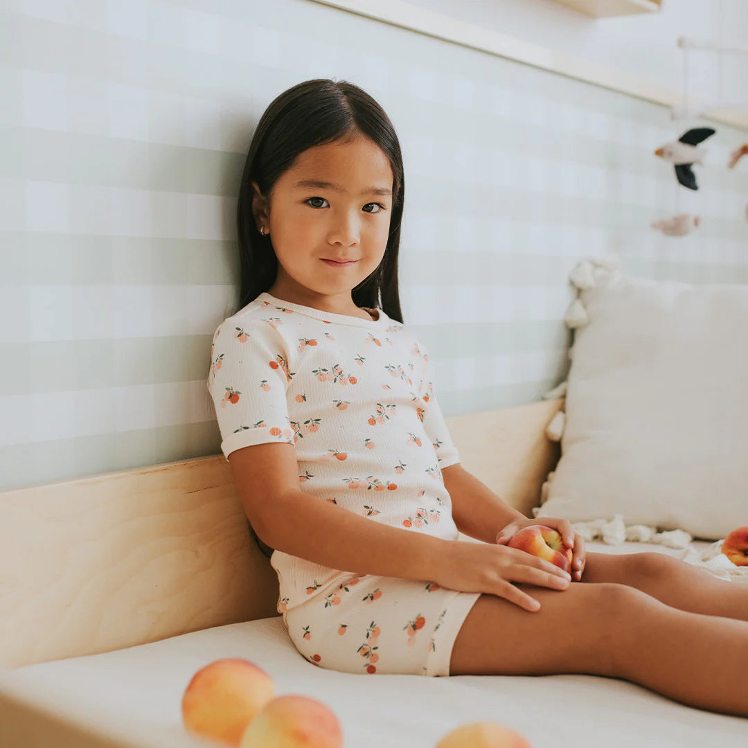 Agrumes Print on Ribbed Barely Coral Summer Sleep Set | Petit Lem