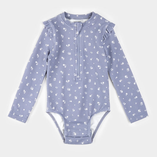 Wildflower Print on Steel Blue Long-Sleeve One-Piece Swimsuit | Petit Lem