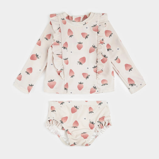 Strawberry Print on Crème Long-Sleeve Rashguard Set | Petit Lem