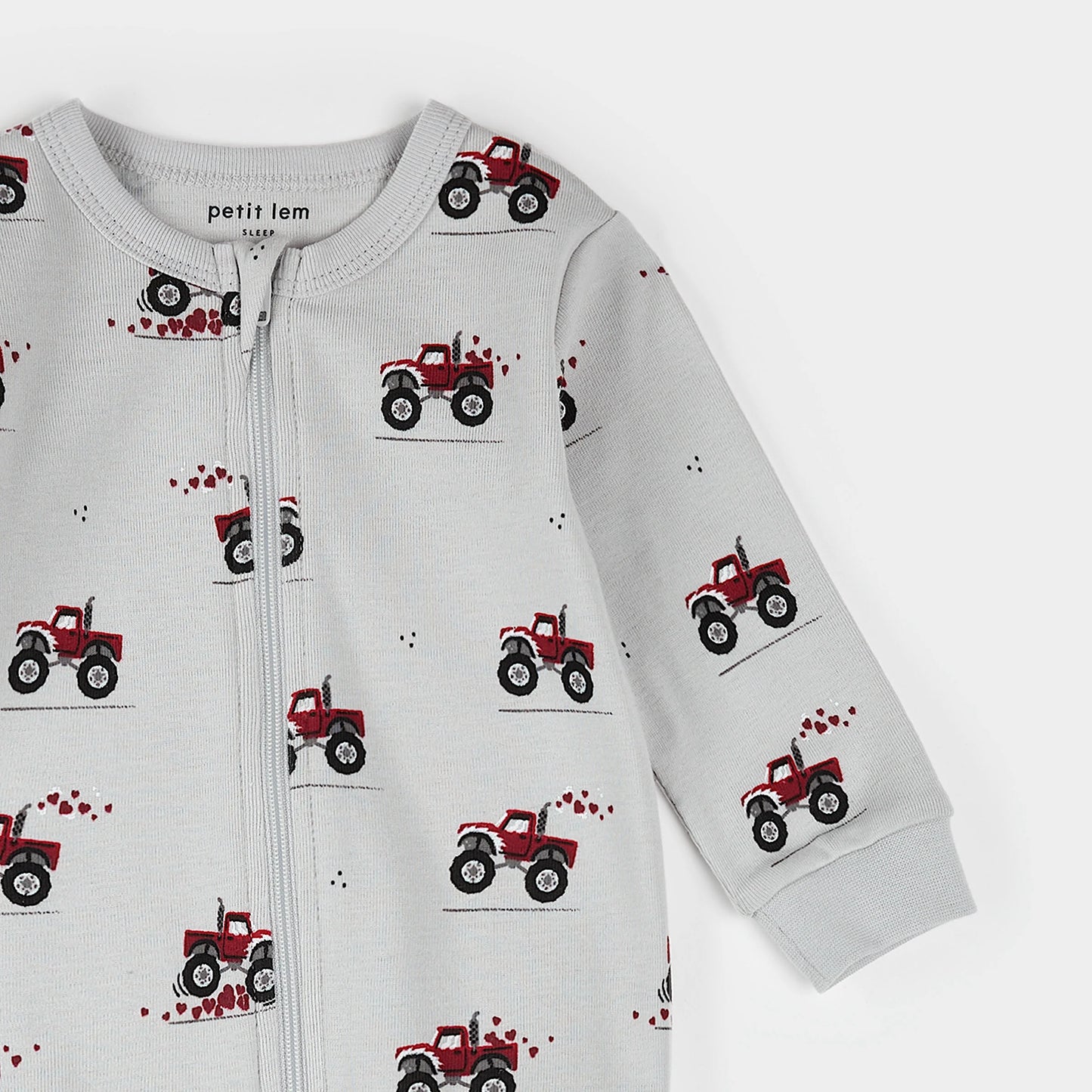 Monster Truck Love Print on Lunar Rock Footed Sleeper | Petit Lem