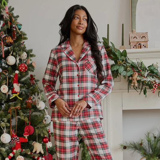 Women 2pc Flannel PJ Set | Red Tartan Plaid | Petit Lem