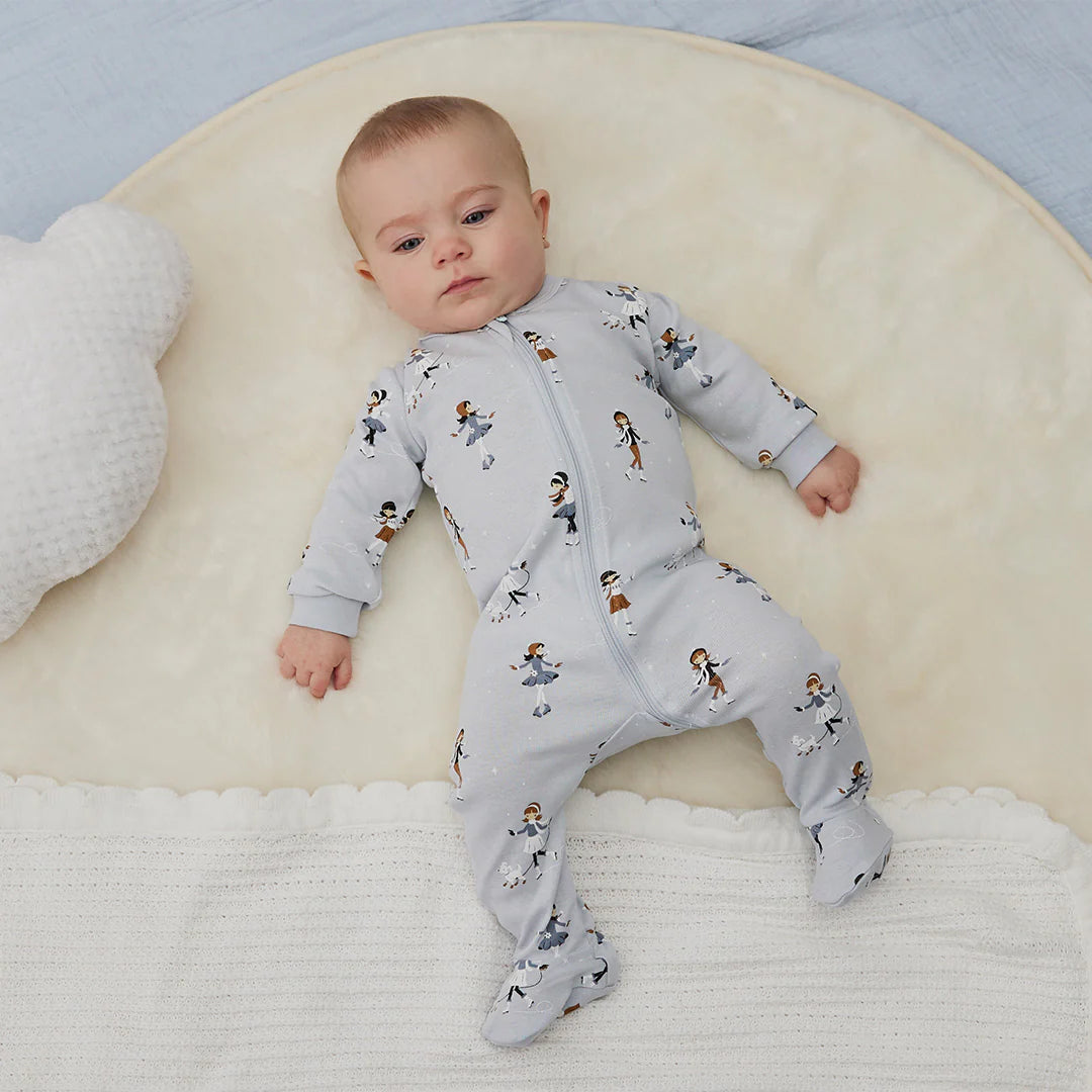 Footed Sleeper | Figure Skating Print on Pearl Blue | Petit Lem