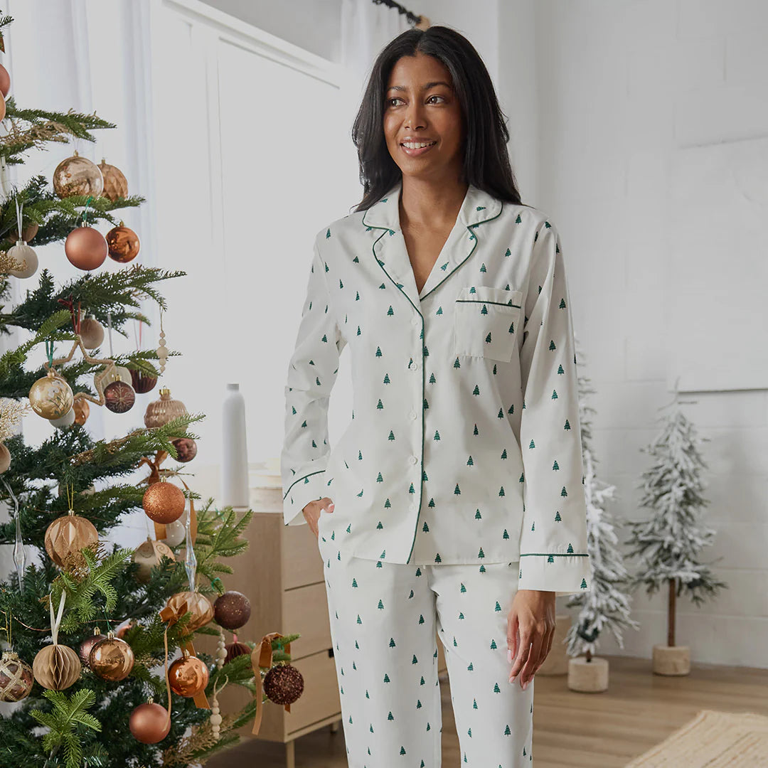 Women 2pc Poplin PJ Set | Pine Tree Print on Off-White | Petit Lem