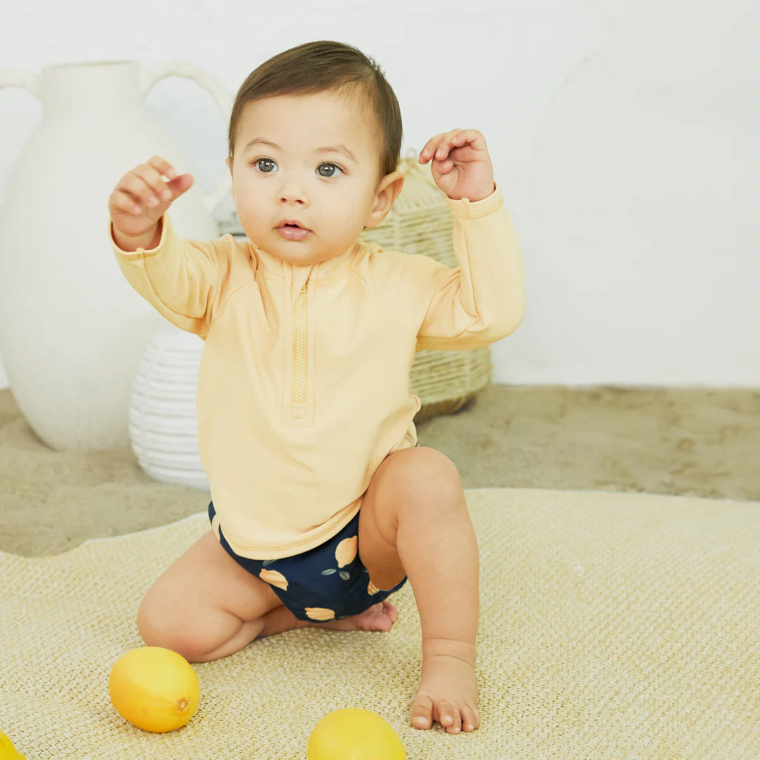Ribbed Long-Sleeve Canary Rashguard Set With Lemon Print Swim Diaper | Petit Lem