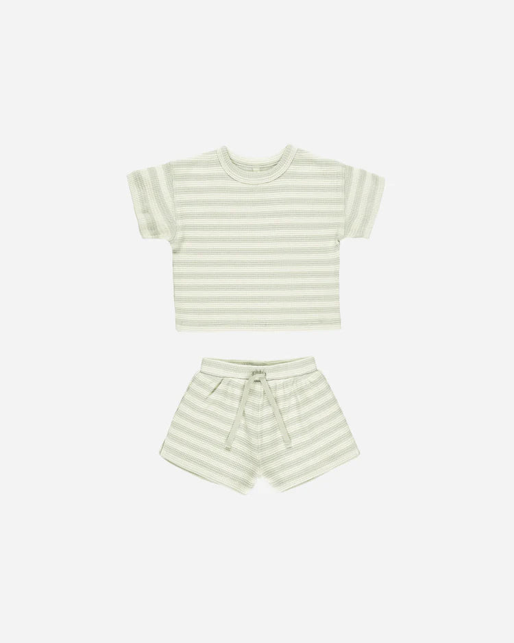 Waffle Tee + Short Set | Mint Stripe | Quincy Mae