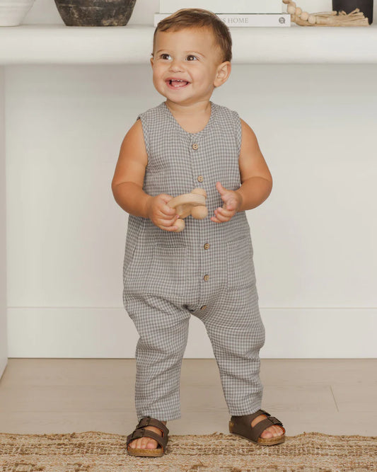 Sleeveless Pocketed Jumpsuits | Blue Gingham | Quincy Mae