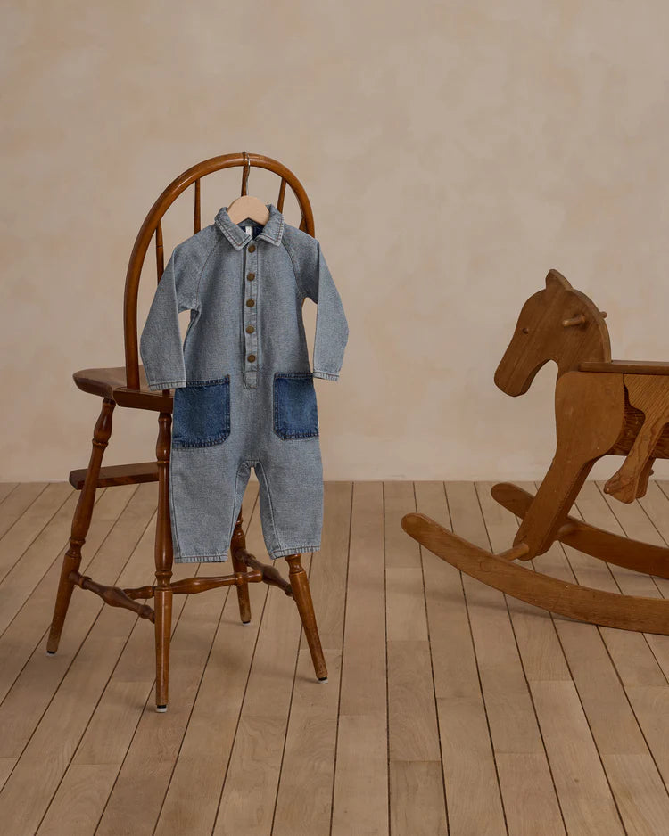Collared Baby Jumpsuit | Light Washed Denim | Rylee + Cru