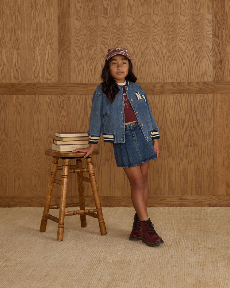 Pleated Denim Skirt | Indigo Denim | Rylee & Cru