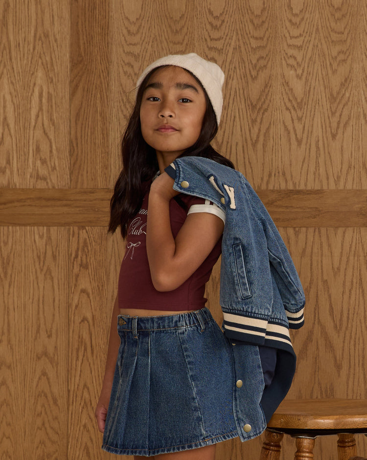 Pleated Denim Skirt | Indigo Denim | Rylee & Cru