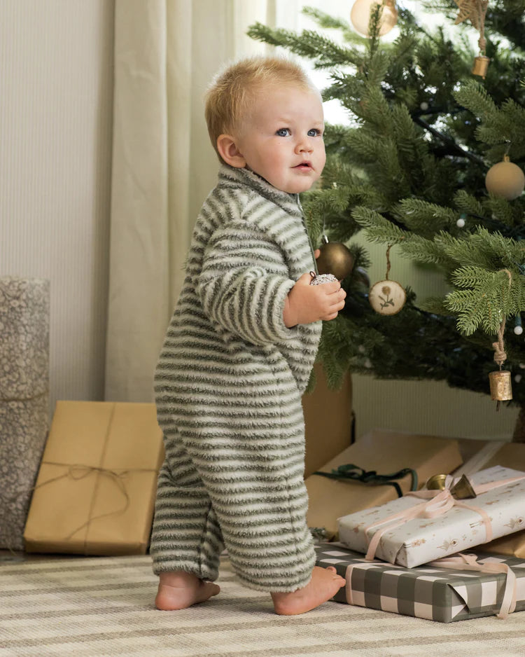 Fuzzy Winter Jumpsuit | Evergreen Stripe| Rylee & Cru