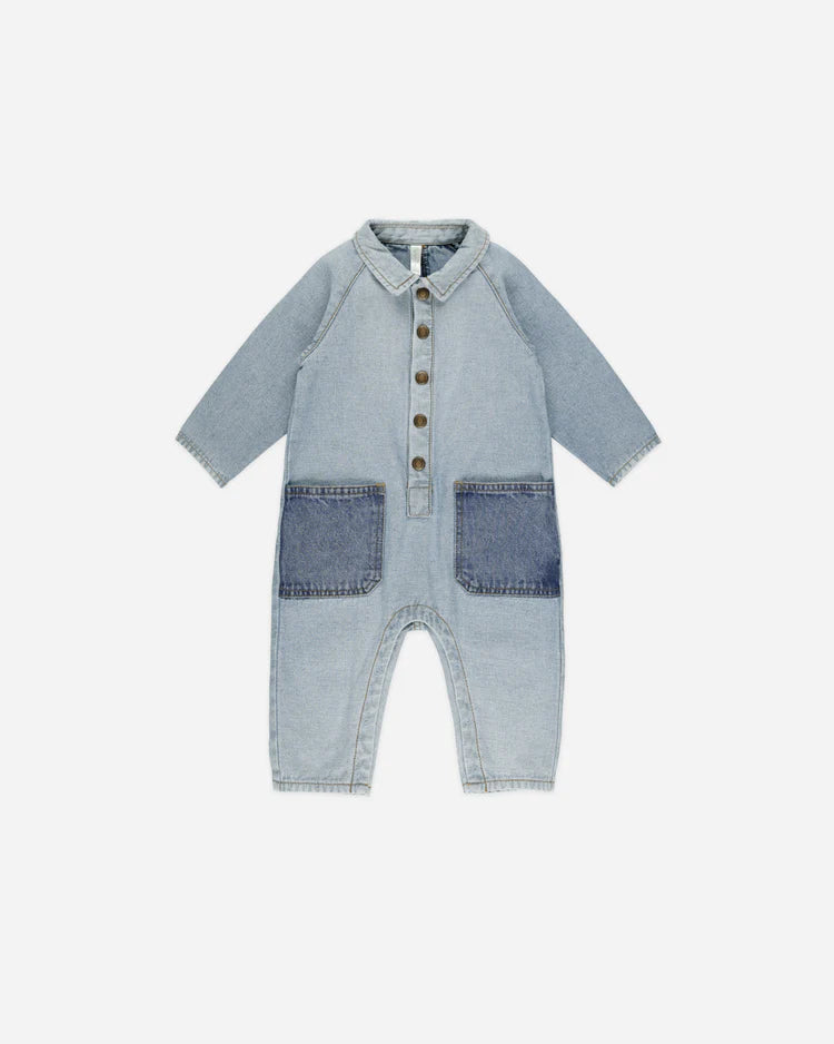 Collared Baby Jumpsuit | Light Washed Denim | Rylee + Cru