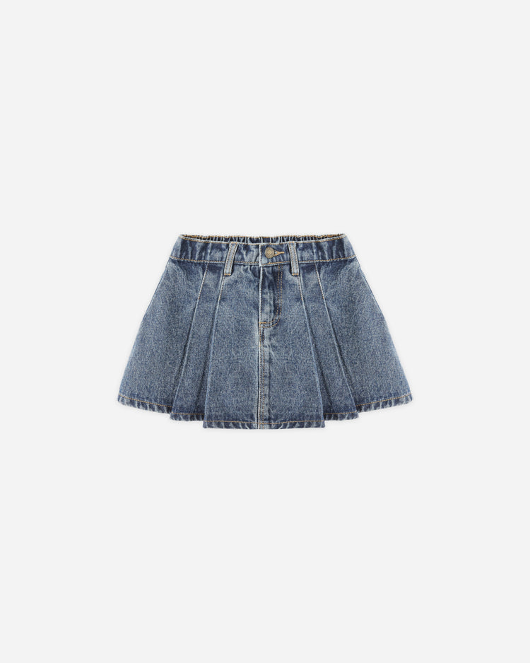 Pleated Denim Skirt | Indigo Denim | Rylee & Cru