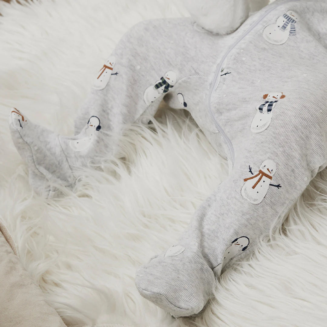 Footed Sleeper | Snowman Print on Heather Grey | Petit Lem