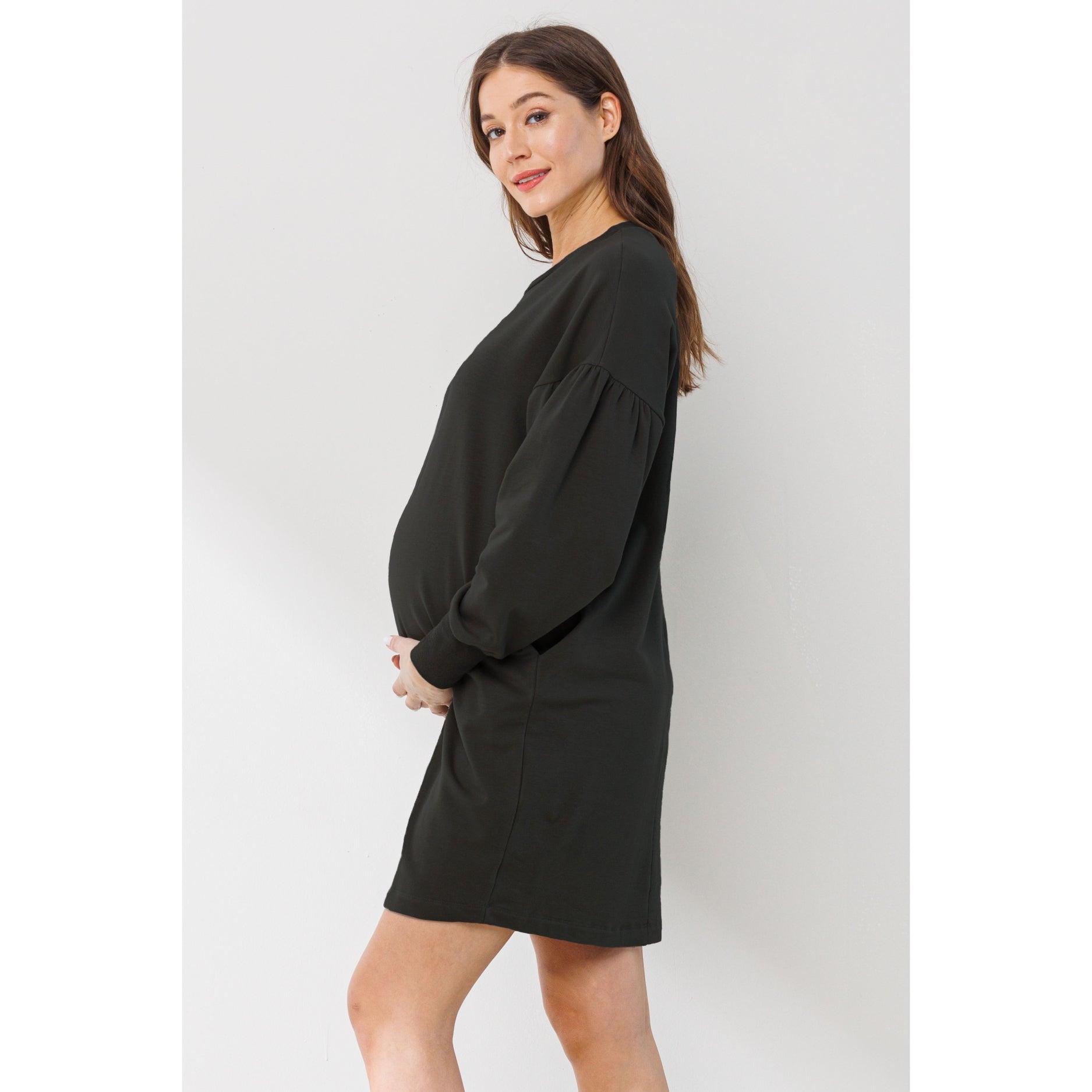 Crew Neck Maternity Sweater Dress W/Pockets | Black Wild Baby Crew Neck Maternity Sweater Dress W/Pockets | Black Wild Baby
