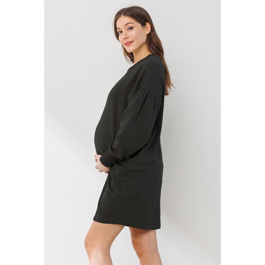 Crew Neck Maternity Sweater Dress W/Pockets | Black