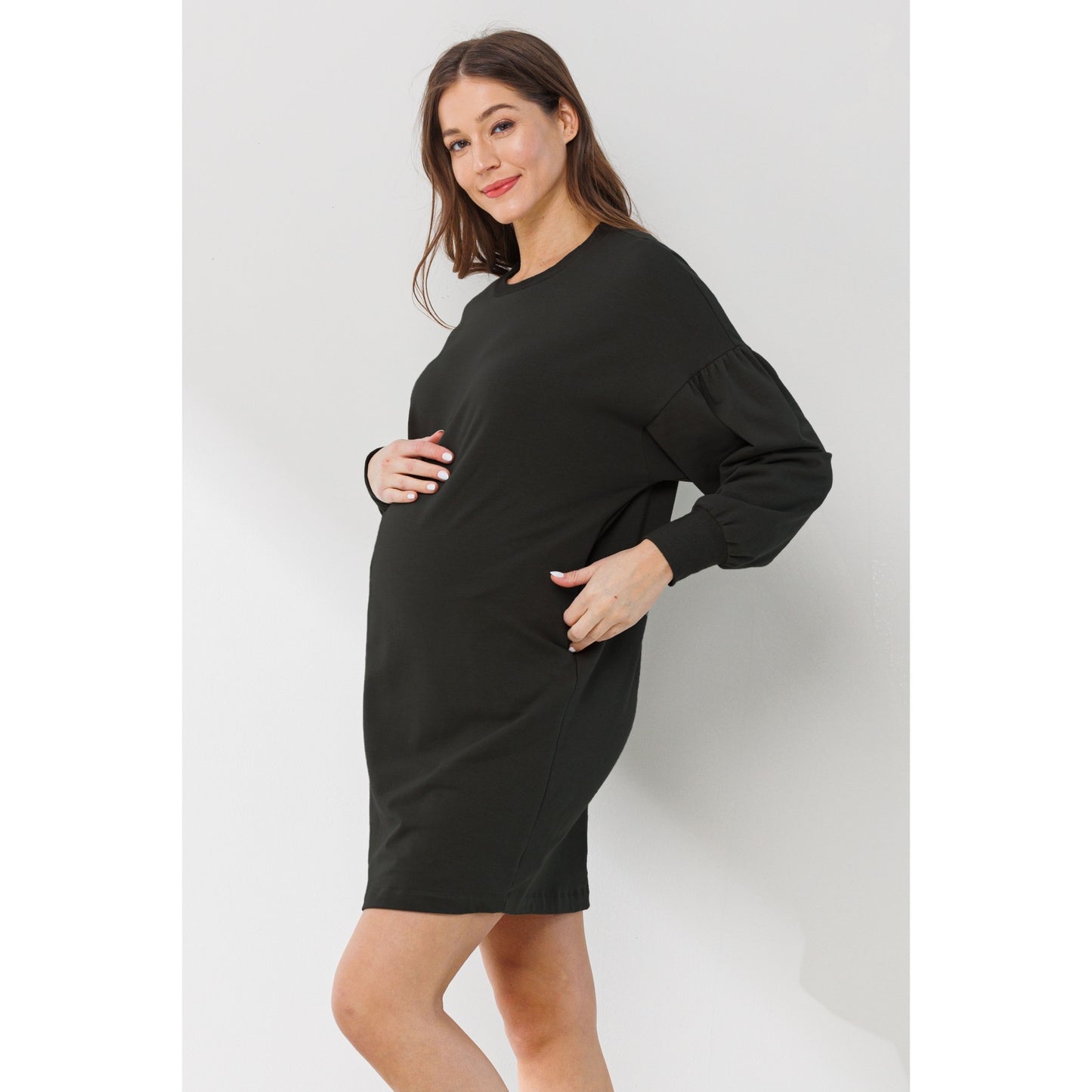 Crew Neck Maternity Sweater Dress W/Pockets | Black
