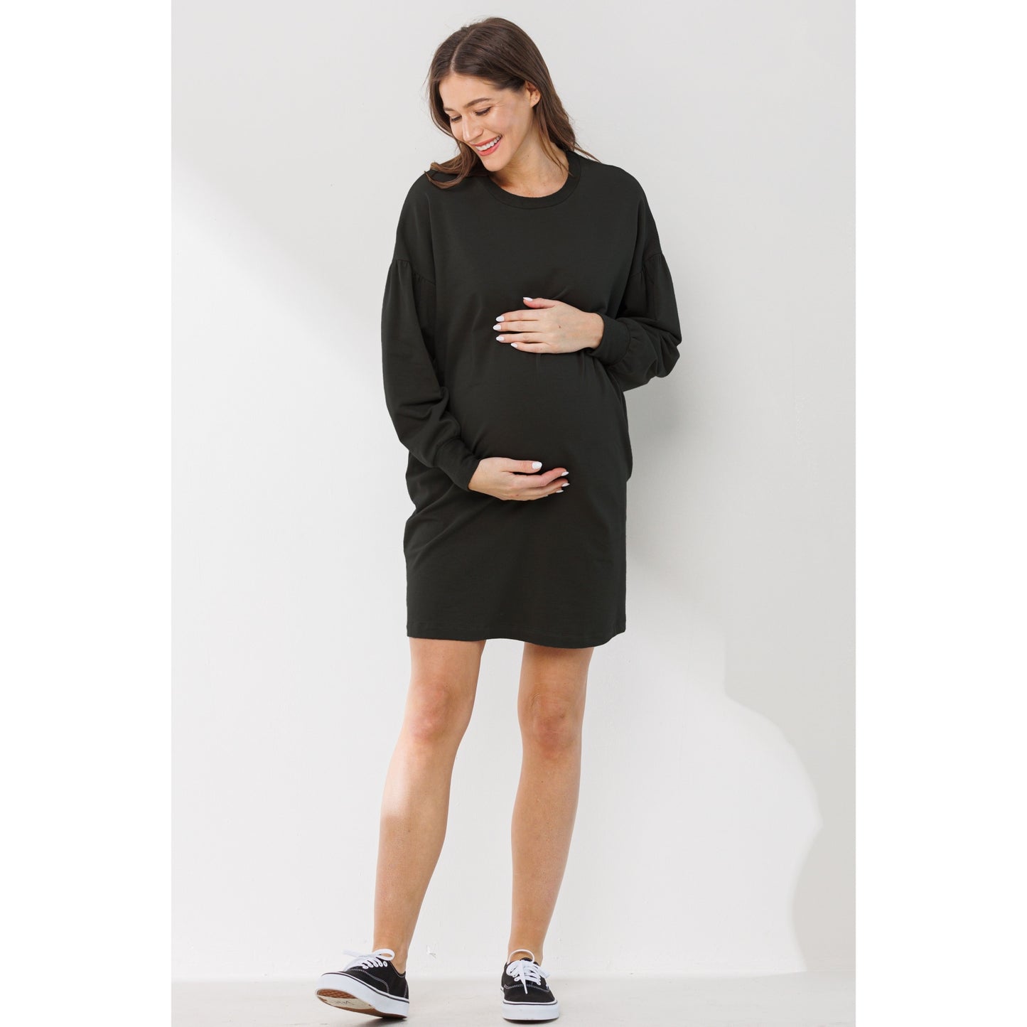 Crew Neck Maternity Sweater Dress W/Pockets | Black