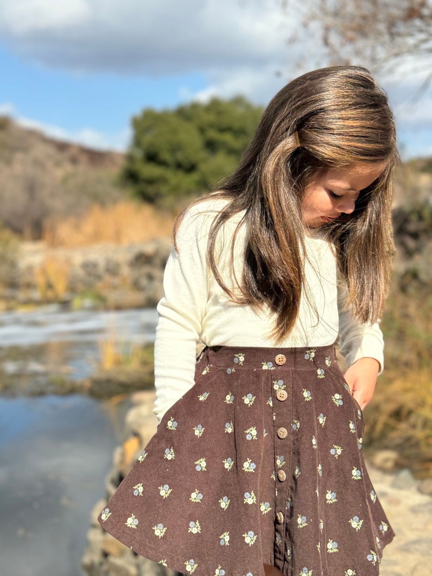 Cara Skirt | Chocolate Floral Corduroy | Vignette