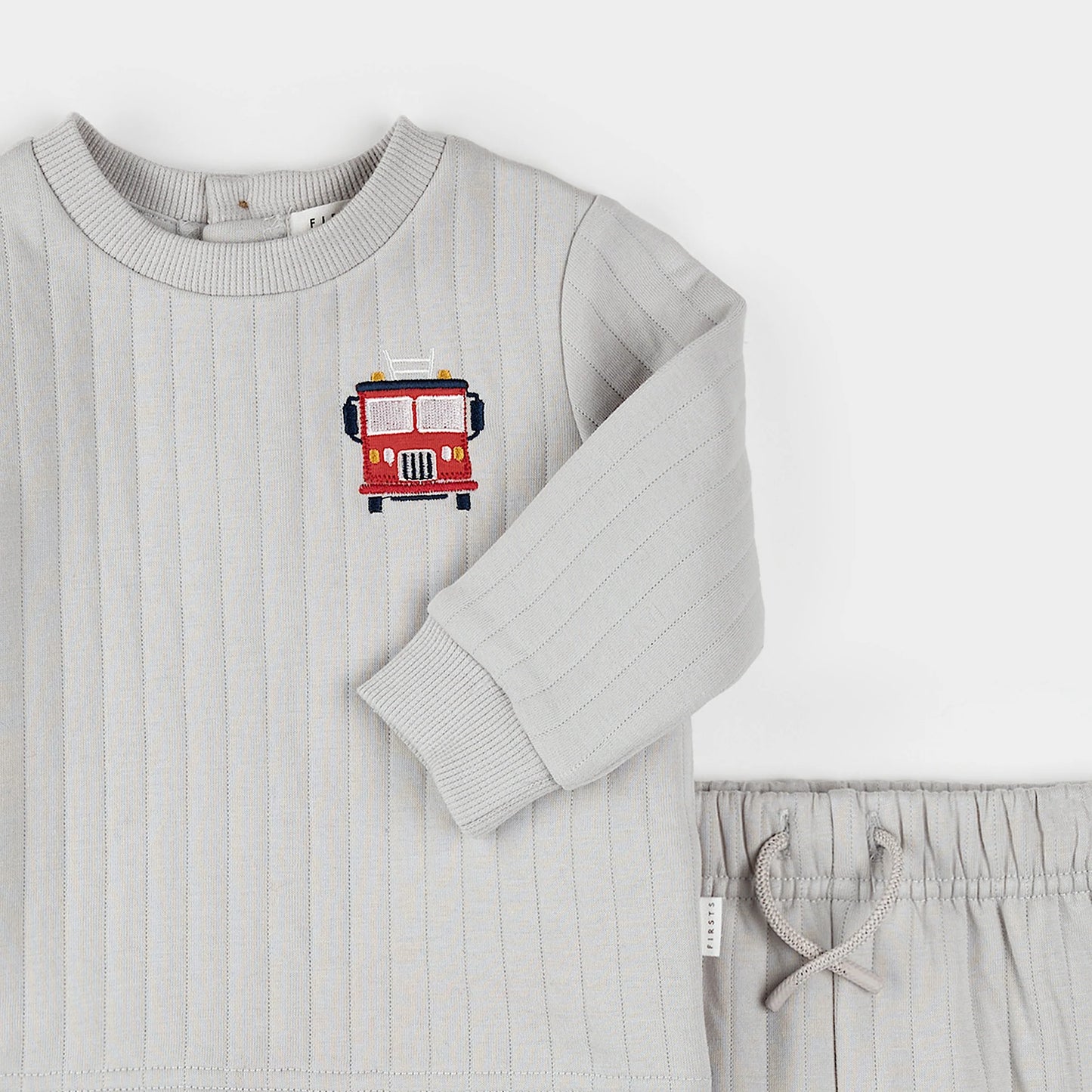 2 PC Quilted Jersey Set | Fire Truck Print on Grey | Petit Lem
