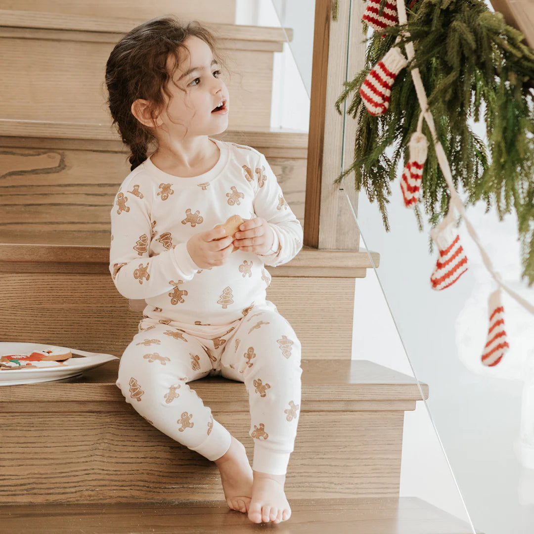 Gingerbread Print on Silver Peony PJ Set | Petit Lem