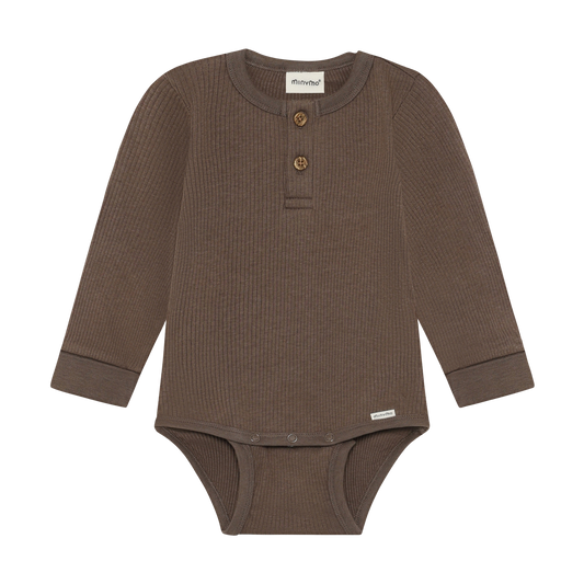 Long Sleeve Ribbed Body Suit | Chocolate Chip | Minymo