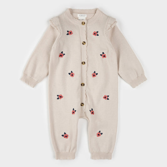 Sweater Knit Playsuit | Poppy Print on Beige | Petit Lem