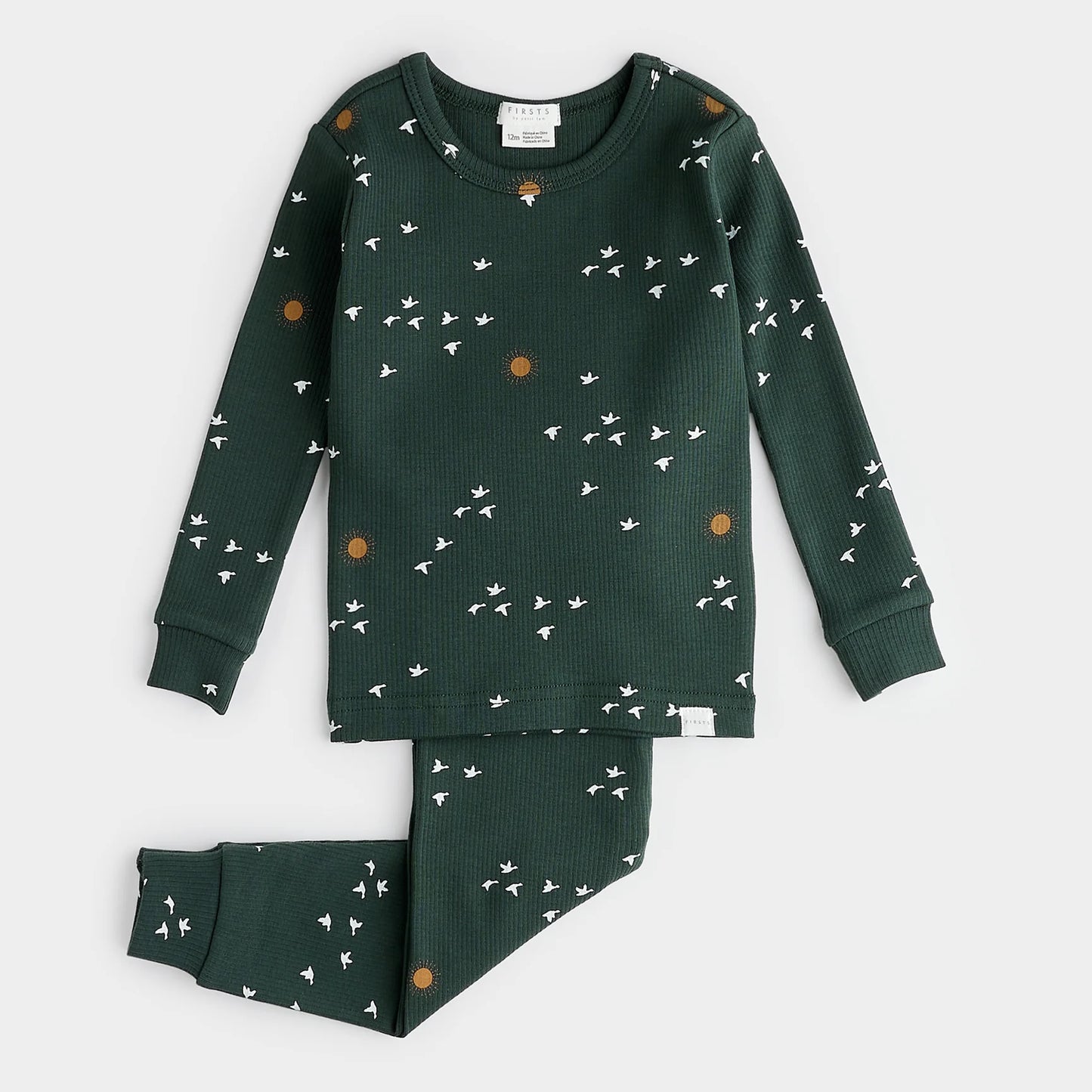 Migration Print on Deep Sky Ribbed PJ Set | Petit Lem