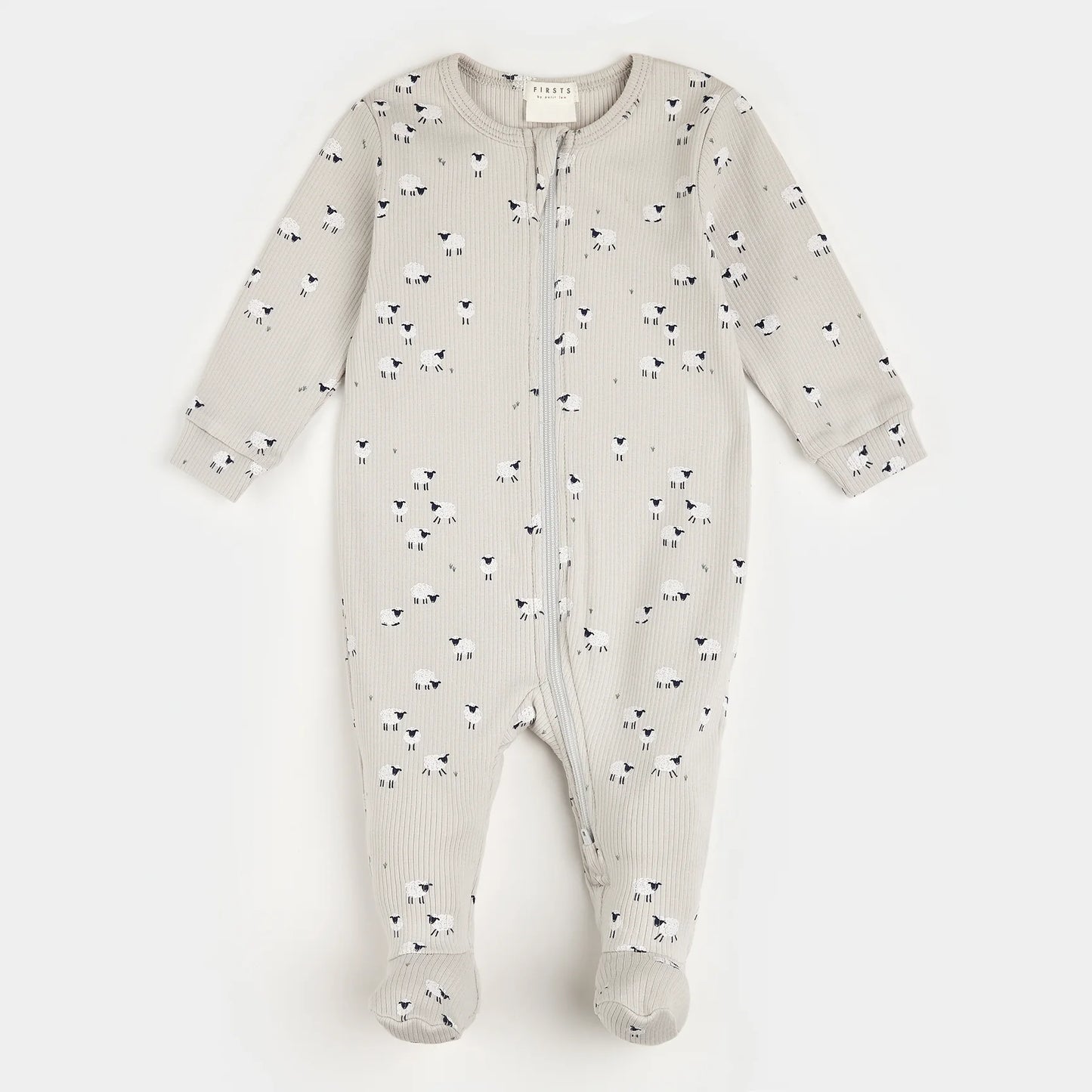 Fluffy Sheep Print on Lunar Rock Ribbed Sleeper | Petit Lem