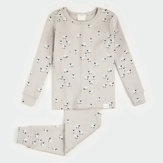 Fluffy Sheep Print on Lunar Rock Ribbed Infant PJ Set | Petit Lem