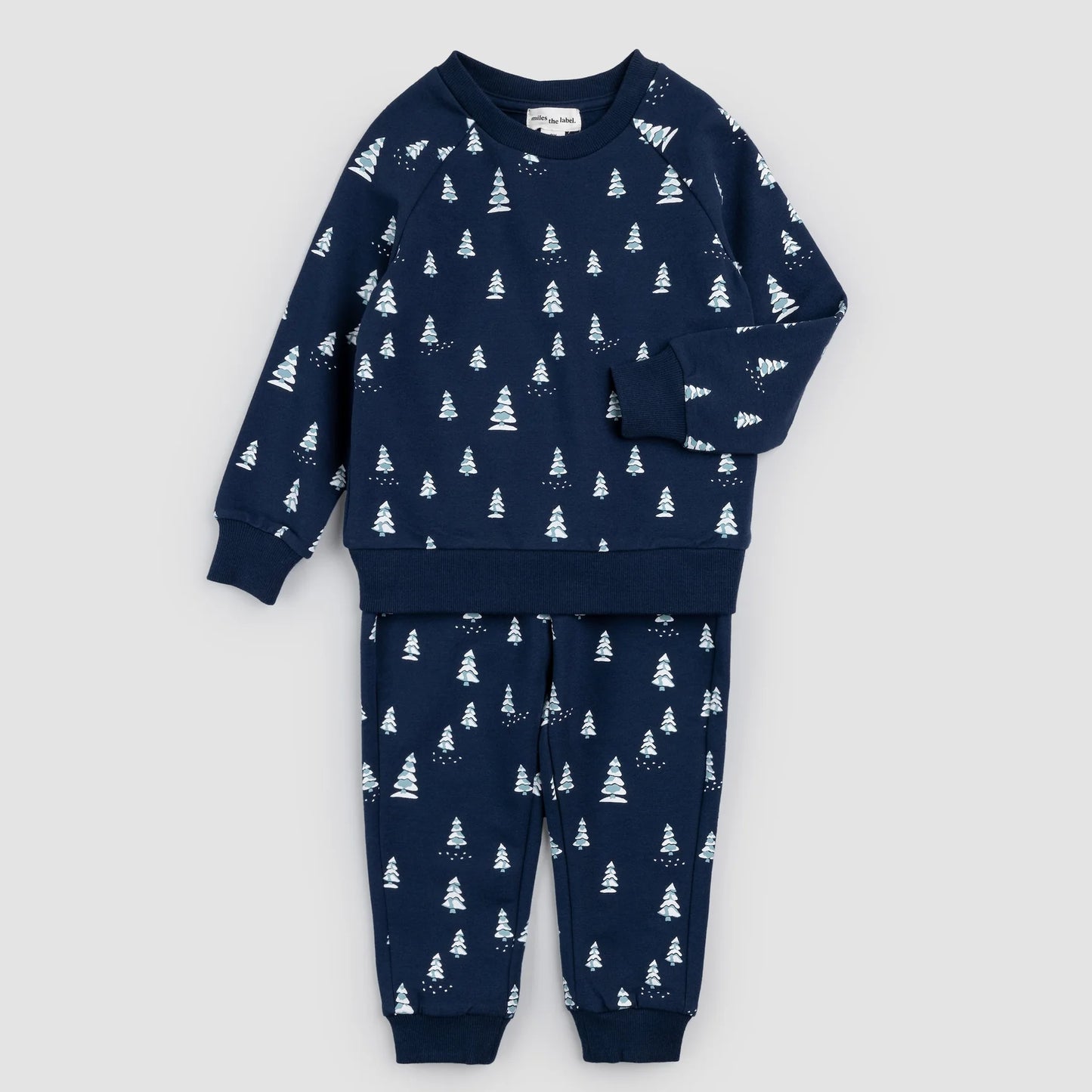 Snowy Pine Print on Dress Blue Jogger Set | Miles The Label