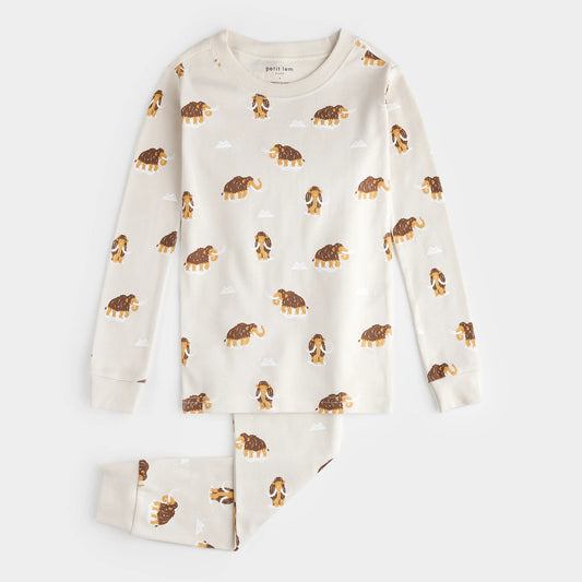 Wooly Mammoth Print on Crème PJ Set | Petit Lem