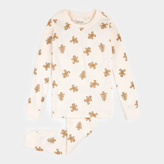 Gingerbread Print on Silver Peony PJ Set | Petit Lem