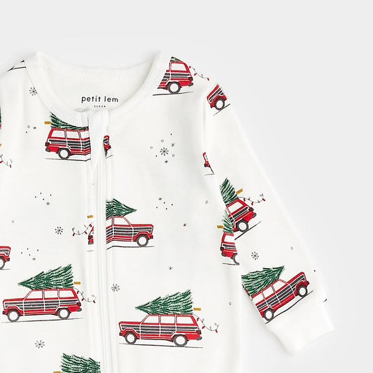 Footed Sleeper | Festive Cars Print on Off-White | Petit Lem