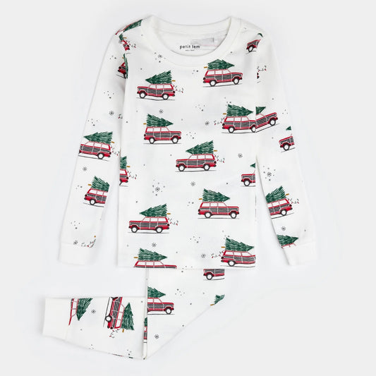 Festive Cars Print on Off-White PJ Set | Petit Lem