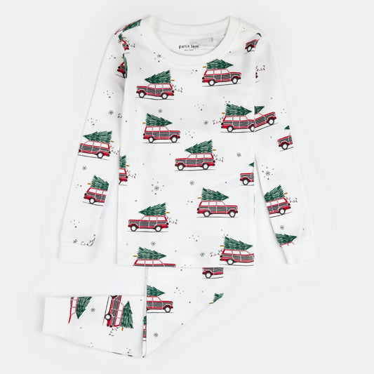 PJ Set | Festive Cars on Off-White | Petit Lem